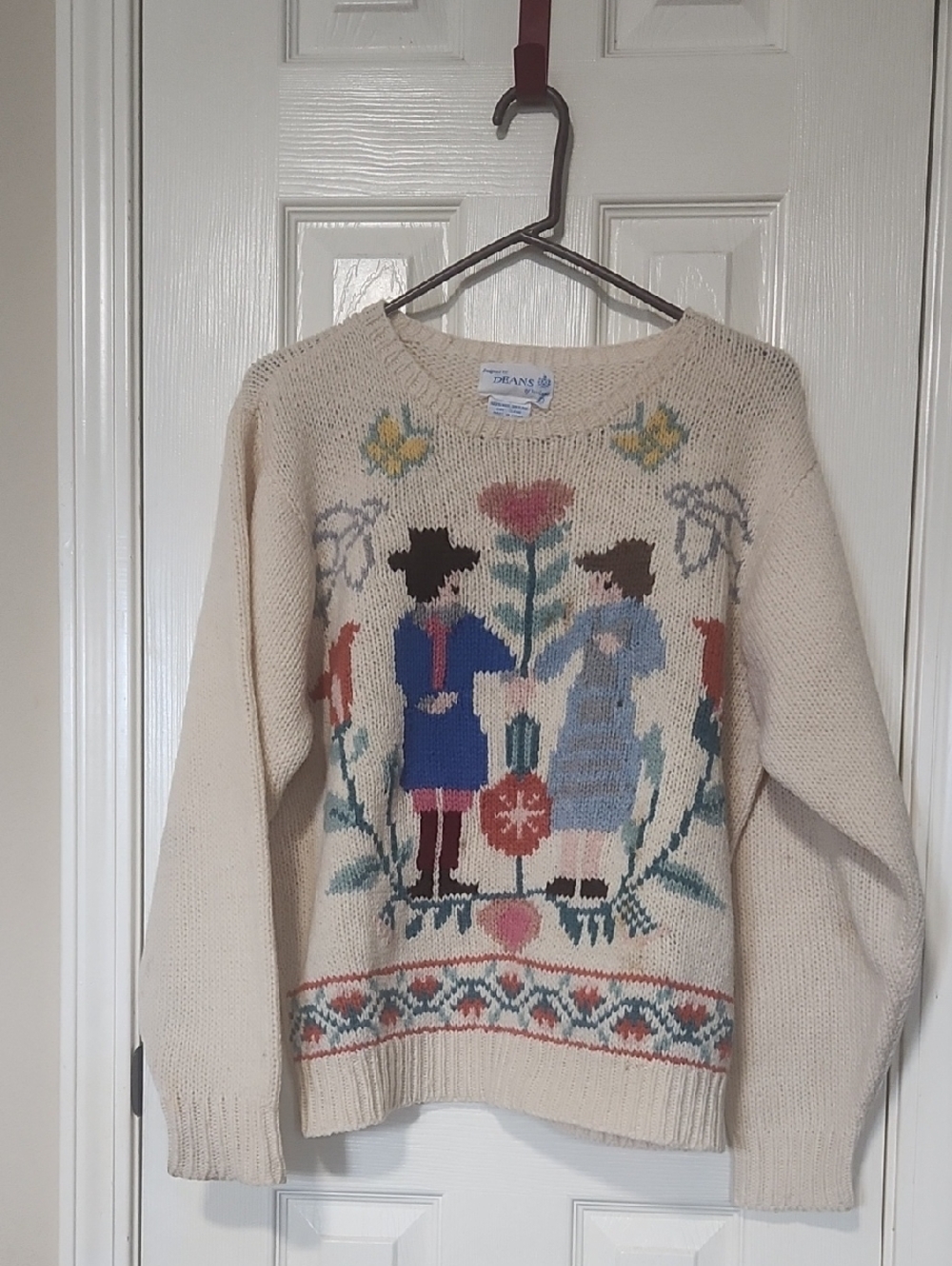 Vintage Cream Crewneck Sweater with Folk-Art Couple Motif. Needs A Little TLC.